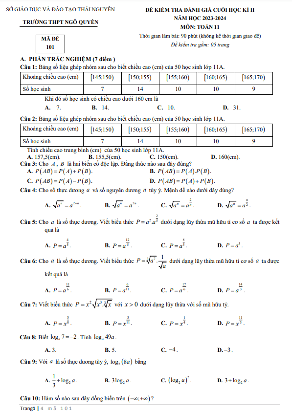 đề cuối học kì 2 toán 11 năm 2023 – 2024 trường thpt ngô quyền – thái nguyên