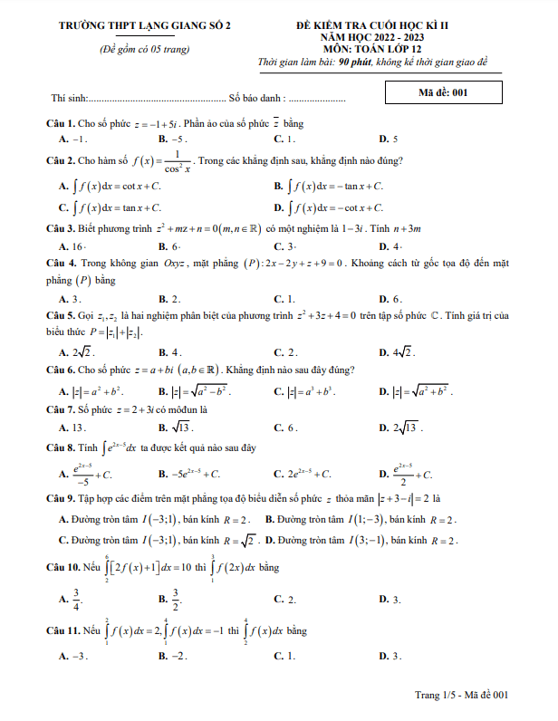 đề cuối học kì 2 toán 12 năm 2022 – 2023 trường thpt lạng giang 2 – bắc giang
