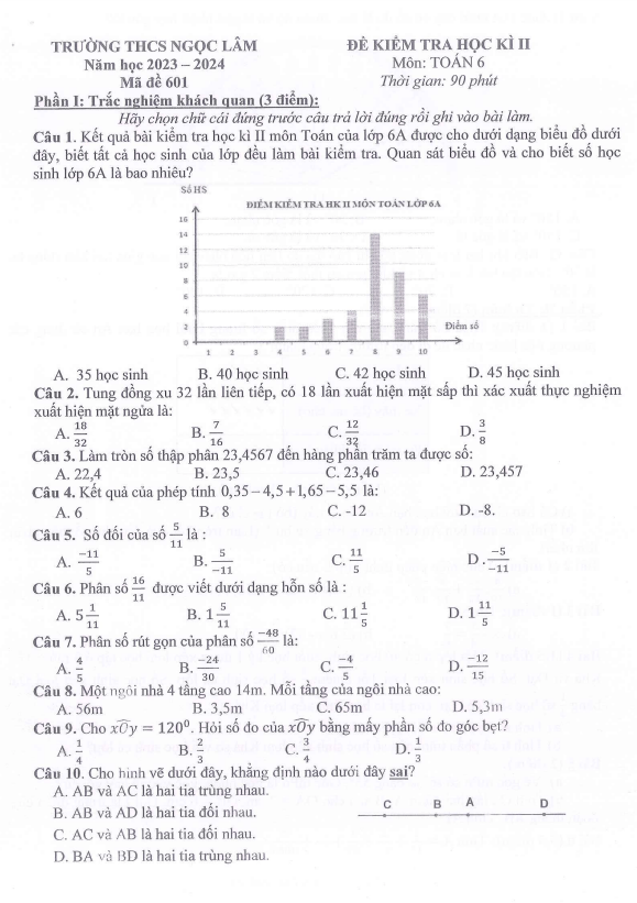 đề cuối học kì 2 toán 6 năm 2023 – 2024 trường thcs ngọc lâm – hà nội