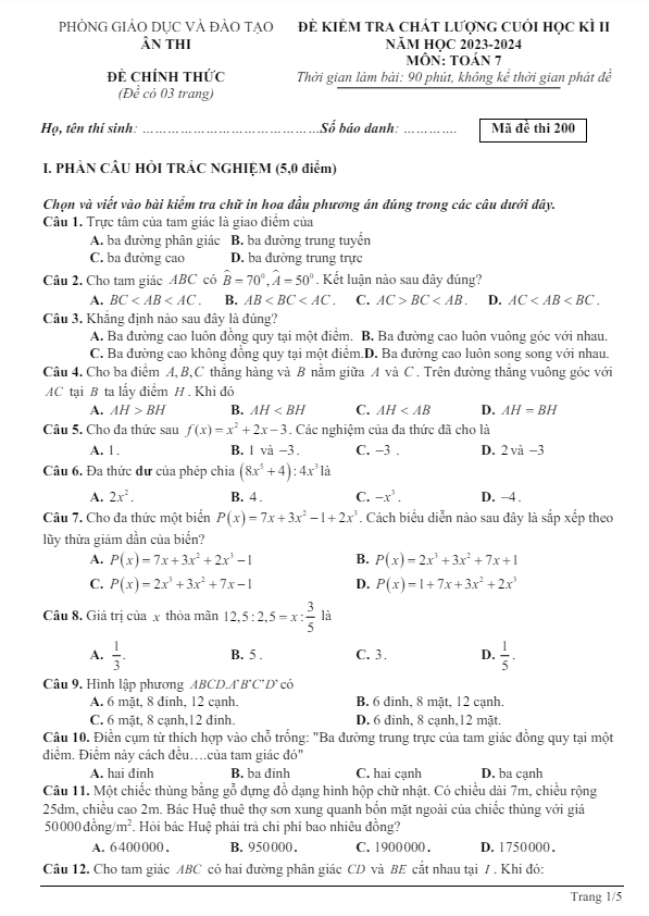 đề cuối học kì 2 toán 7 năm 2023 – 2024 phòng gd&đt ân thi – hưng yên