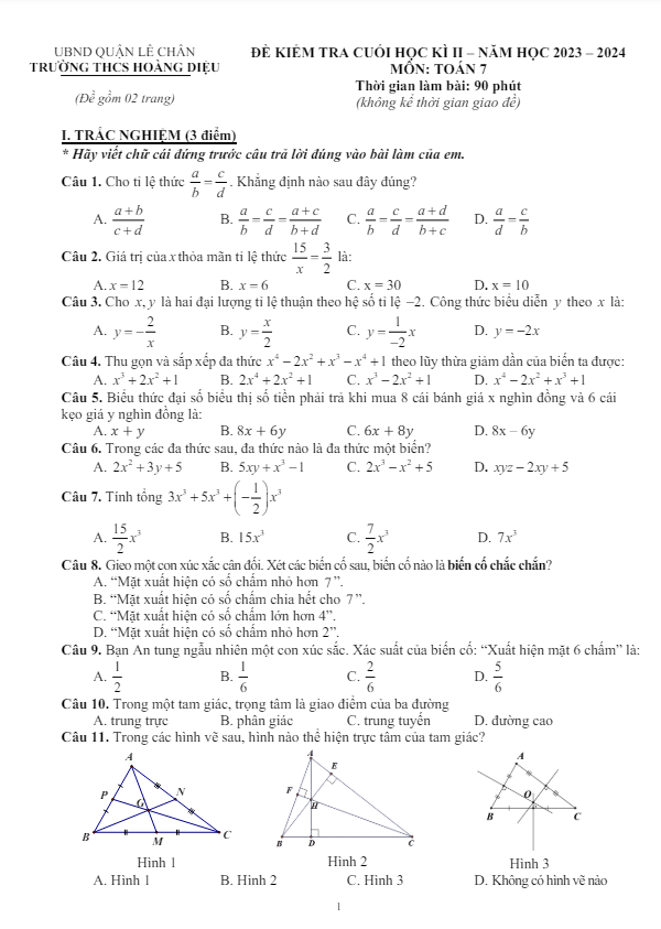đề cuối học kì 2 toán 7 năm 2023 – 2024 trường thcs hoàng diệu – hải phòng
