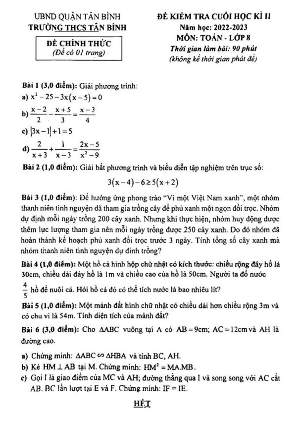 đề cuối học kì 2 toán 8 năm 2022 – 2023 trường thcs tân bình – tp hcm