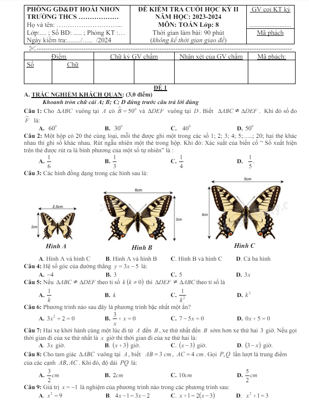 đề cuối học kì 2 toán 8 năm 2023 – 2024 phòng gd&đt hoài nhơn – bình định