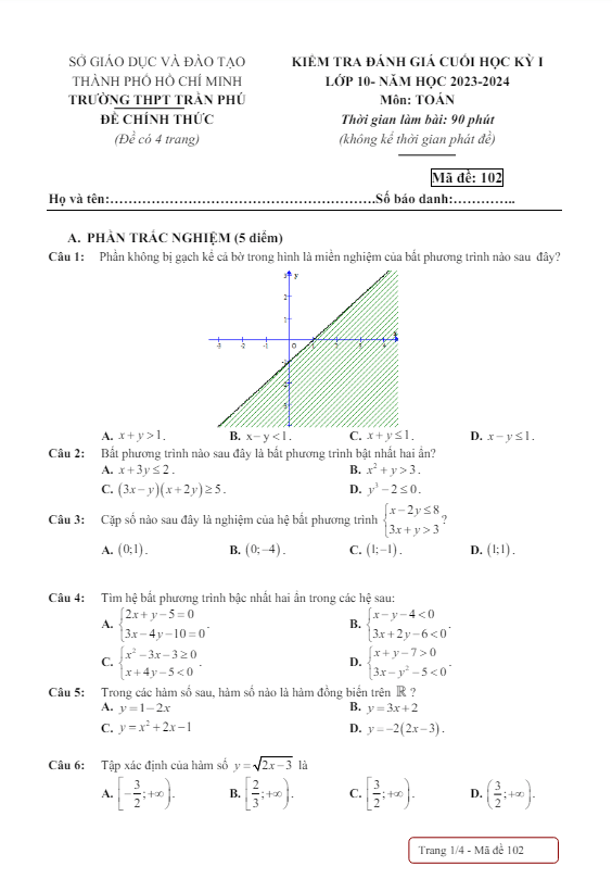 đề cuối học kỳ 1 toán 10 năm 2023 – 2024 trường thpt trần phú – tp hcm