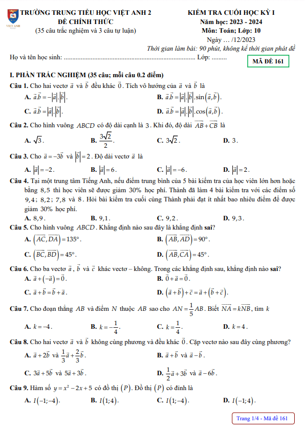 đề cuối học kỳ 1 toán 10 năm 2023 – 2024 trường việt anh 2 – bình dương