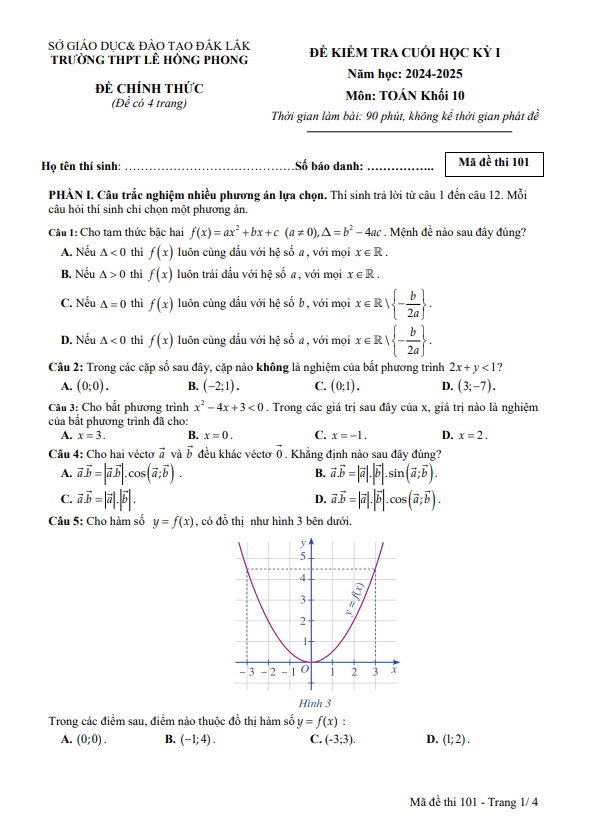 đề cuối học kỳ 1 toán 10 năm 2024 – 2025 trường thpt lê hồng phong – đắk lắk