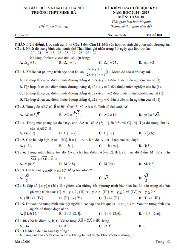 đề cuối học kỳ 1 toán 10 năm 2024 – 2025 trường thpt minh hà – hà nội