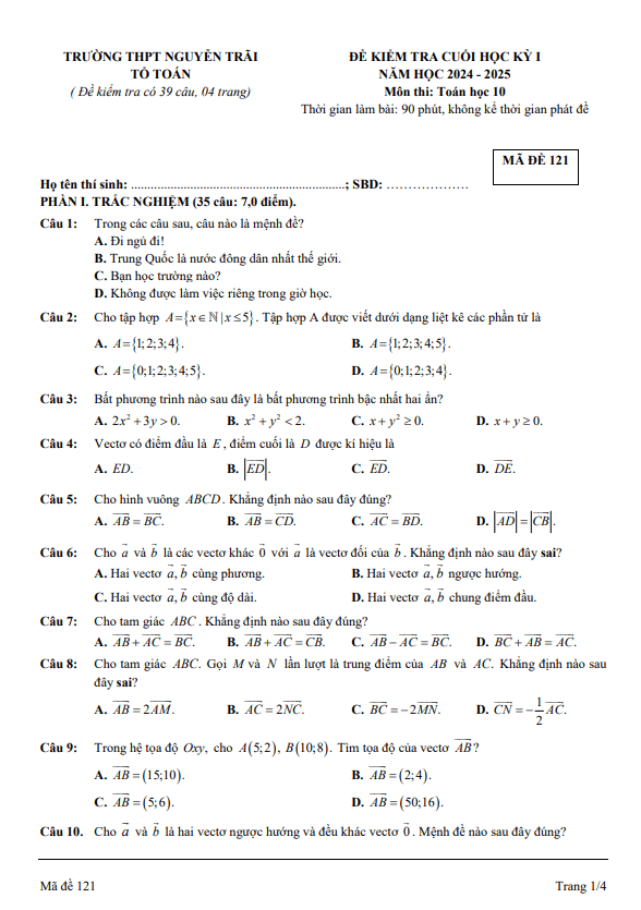 đề cuối học kỳ 1 toán 10 năm 2024 – 2025 trường thpt nguyễn trãi – quảng bình