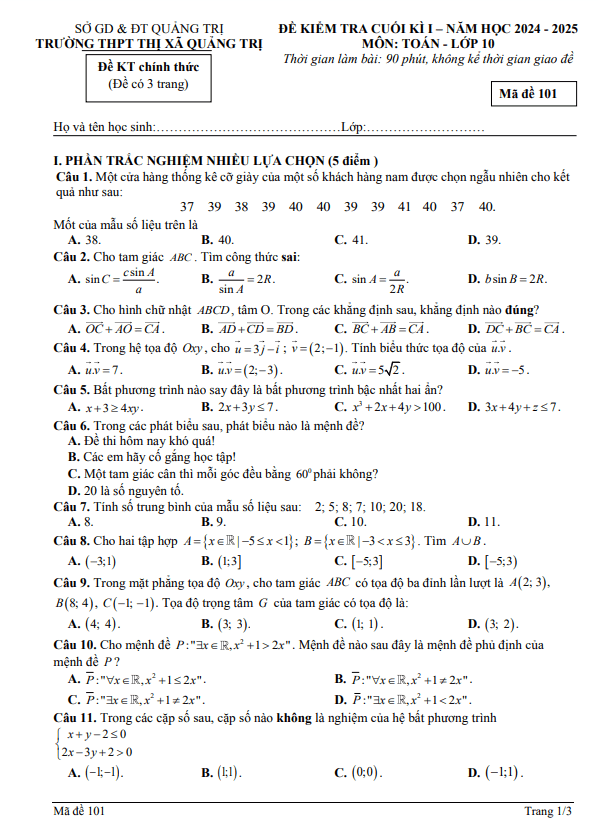 đề cuối học kỳ 1 toán 10 năm 2024 – 2025 trường thpt thị xã quảng trị