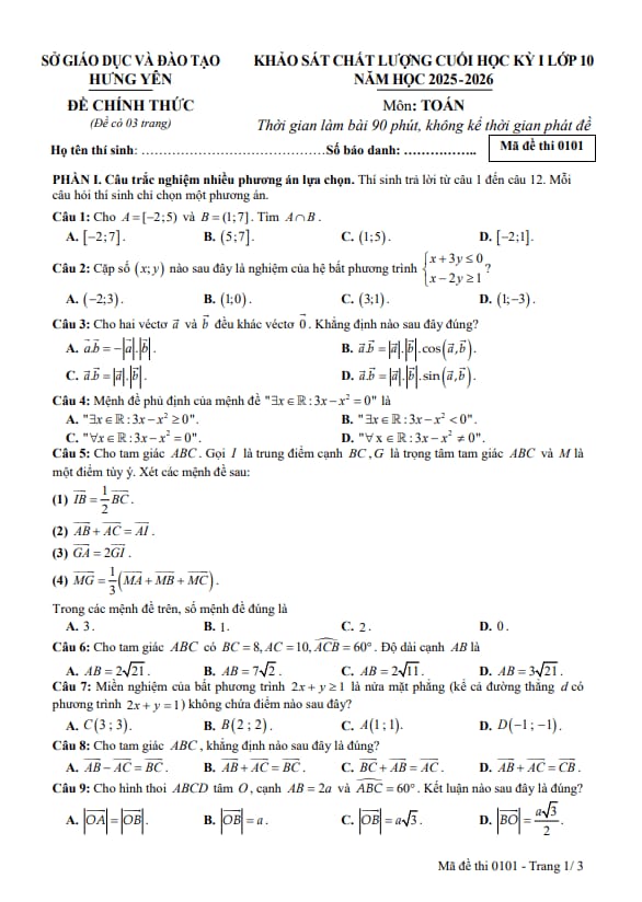 đề cuối học kỳ 1 toán 10 năm 2025 – 2026 sở gd&đt hưng yên