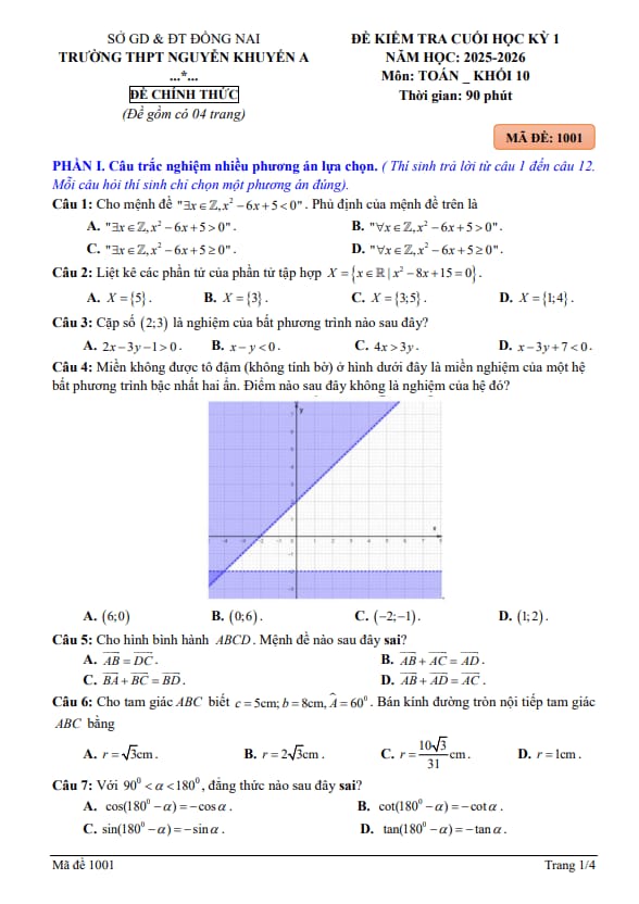 đề cuối học kỳ 1 toán 10 năm 2025 – 2026 trường thpt nguyễn khuyến a – đồng nai