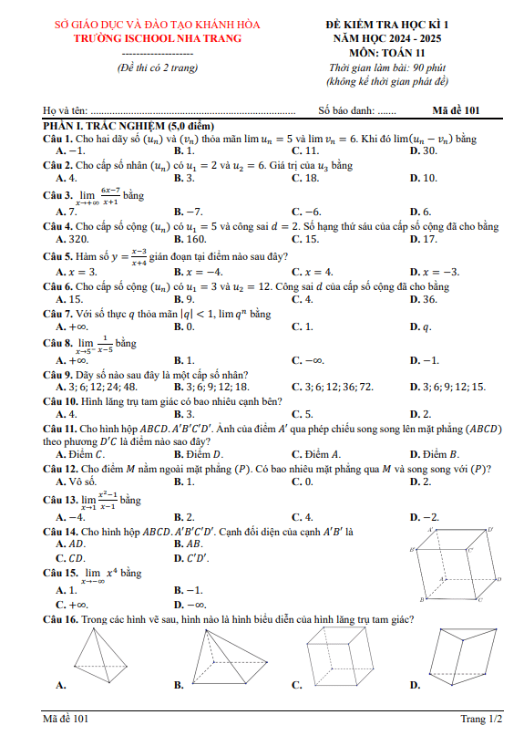 đề cuối học kỳ 1 toán 11 năm 2024 – 2025 trường ischool nha trang – khánh hòa