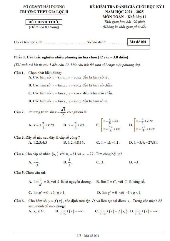 đề cuối học kỳ 1 toán 11 năm 2024 – 2025 trường thpt gia lộc 2 – hải dương
