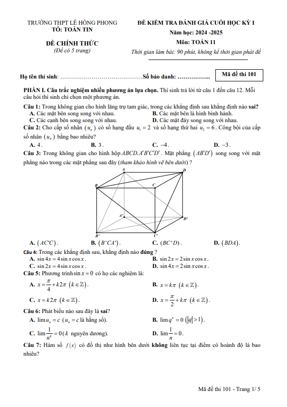 đề cuối học kỳ 1 toán 11 năm 2024 – 2025 trường thpt lê hồng phong – đắk lắk