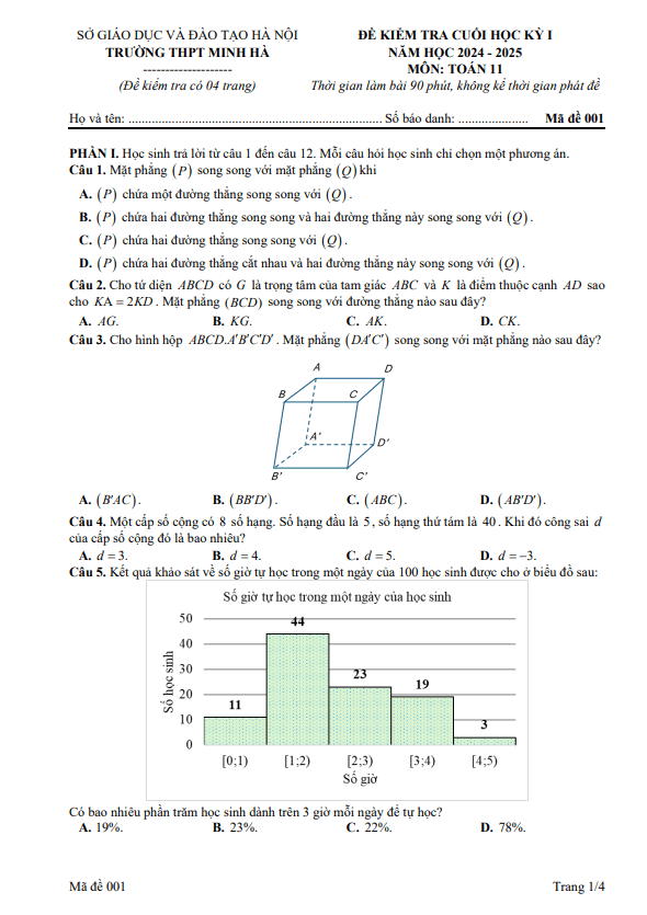 đề cuối học kỳ 1 toán 11 năm 2024 – 2025 trường thpt minh hà – hà nội