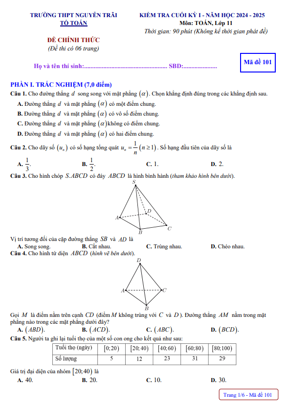 đề cuối học kỳ 1 toán 11 năm 2024 – 2025 trường thpt nguyễn trãi – quảng bình
