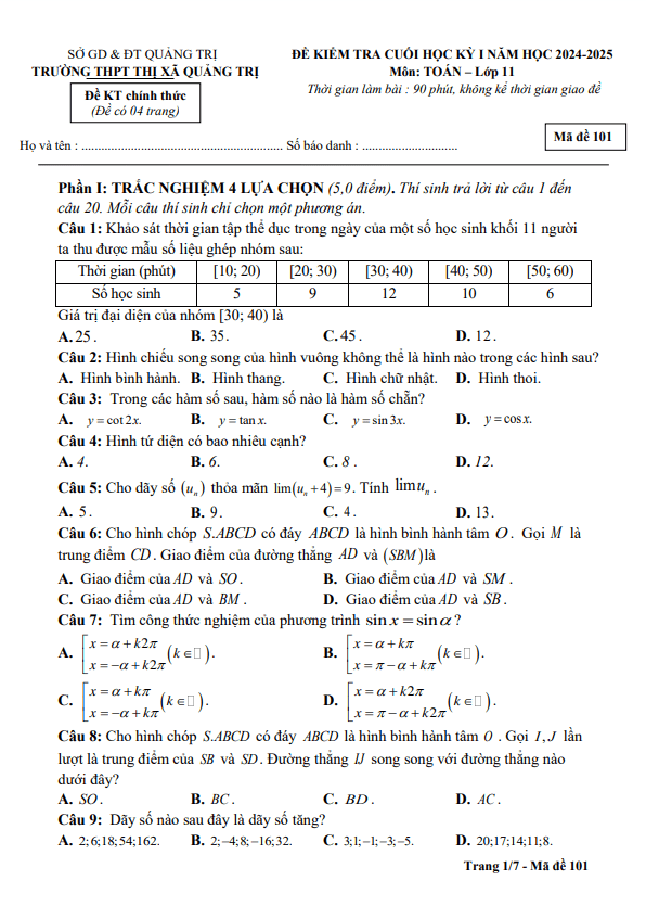 đề cuối học kỳ 1 toán 11 năm 2024 – 2025 trường thpt thị xã quảng trị