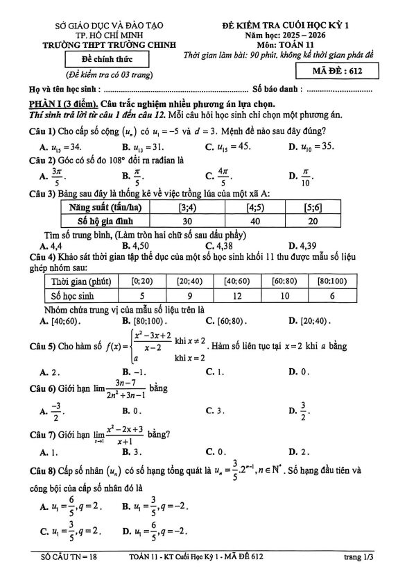 đề cuối học kỳ 1 toán 11 năm 2025 – 2026 trường thpt trường chinh – tp hcm