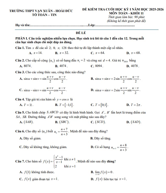 đề cuối học kỳ 1 toán 11 năm 2025 – 2026 trường thpt vạn xuân – hà nội