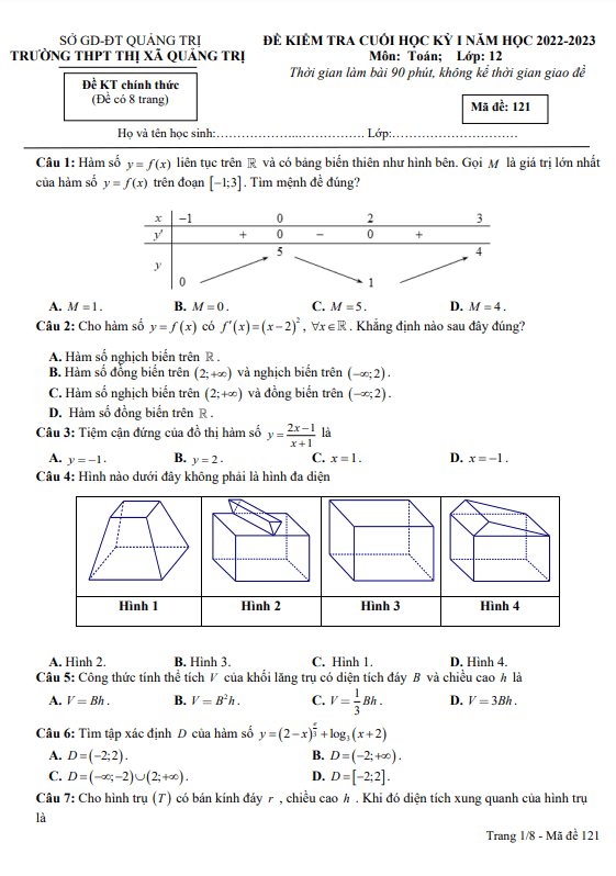 đề cuối học kỳ 1 toán 12 năm 2022 – 2023 trường thpt thị xã quảng trị