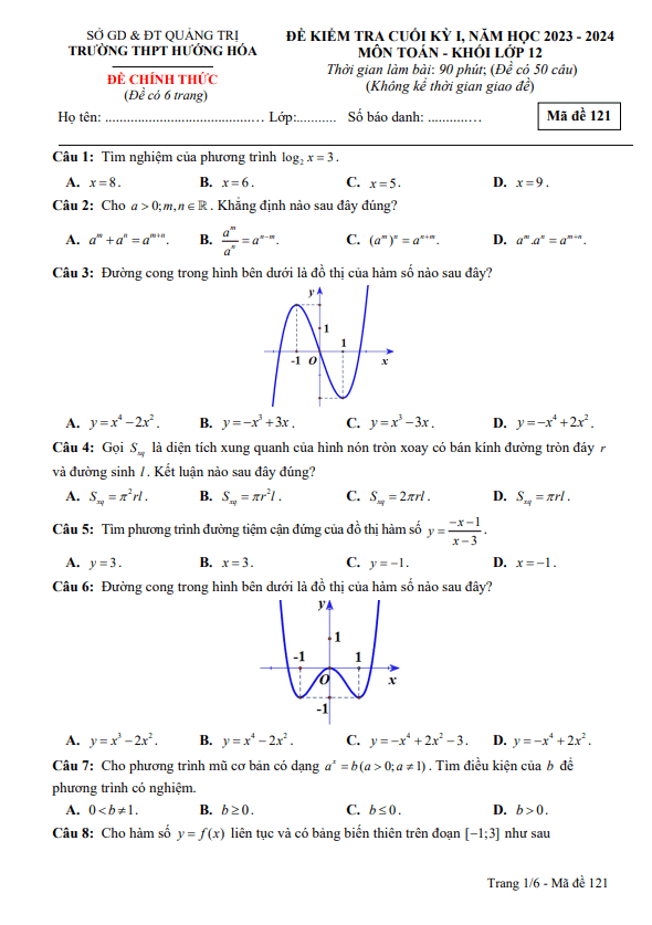 đề cuối học kỳ 1 toán 12 năm 2023 – 2024 trường thpt hướng hóa – quảng trị
