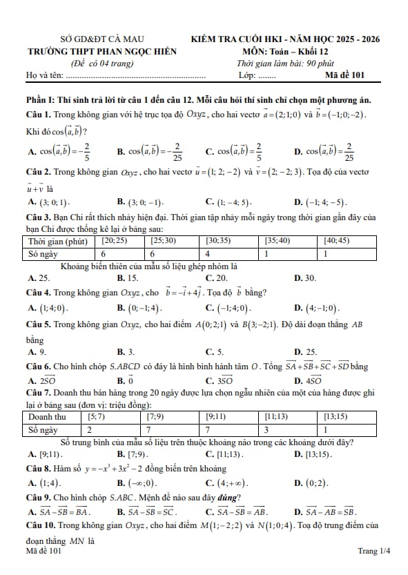 đề cuối học kỳ 1 toán 12 năm 2025 – 2026 trường thpt phan ngọc hiển – cà mau