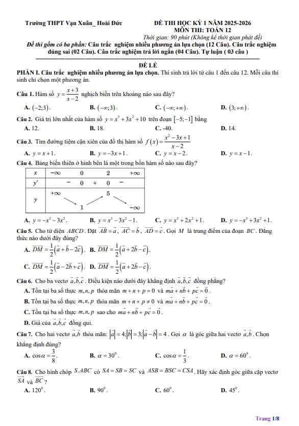 đề cuối học kỳ 1 toán 12 năm 2025 – 2026 trường thpt vạn xuân – hà nội