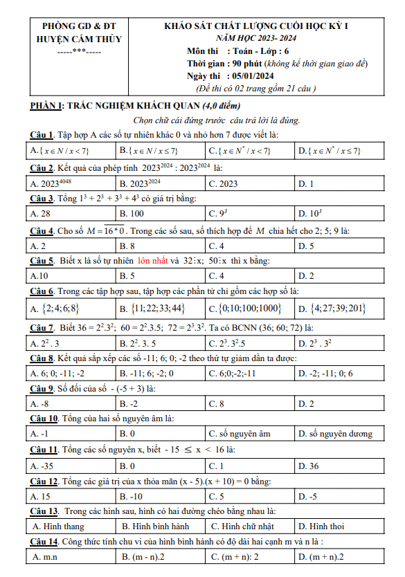 đề cuối học kỳ 1 toán 6 năm 2023 – 2024 phòng gd&đt cẩm thủy – thanh hóa
