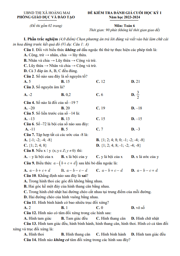đề cuối học kỳ 1 toán 6 năm 2023 – 2024 phòng gd&đt hoàng mai – nghệ an