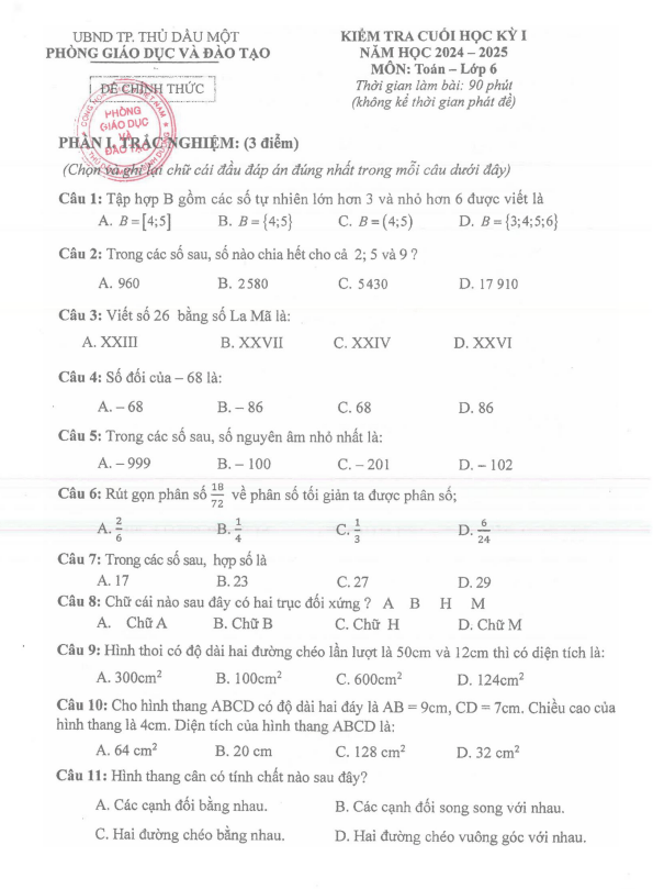 đề cuối học kỳ 1 toán 6 năm 2024 – 2025 phòng gd&đt thủ dầu một – bình dương
