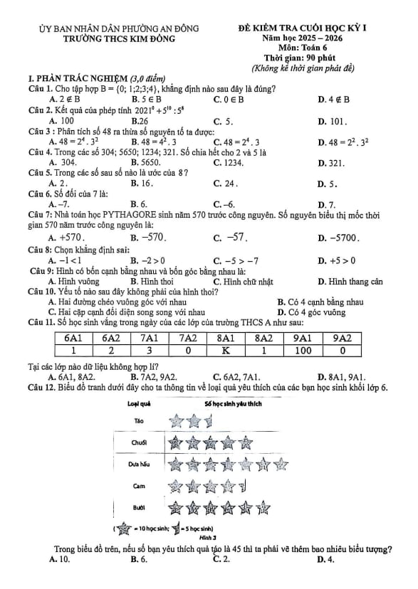 đề cuối học kỳ 1 toán 6 năm 2025 – 2026 trường thcs kim đồng – tp hcm