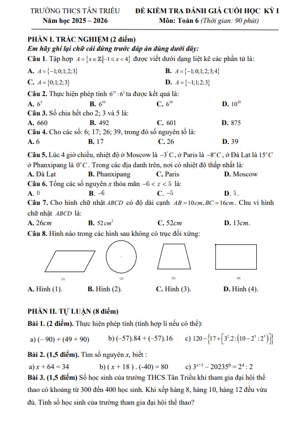 đề cuối học kỳ 1 toán 6 năm 2025 – 2026 trường thcs tân triều – hà nội