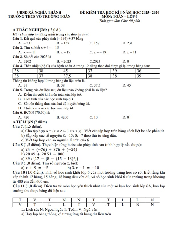 đề cuối học kỳ 1 toán 6 năm 2025 – 2026 trường thcs võ trường toản – tp hcm