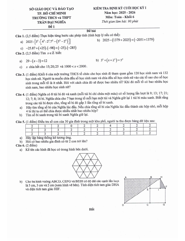 đề cuối học kỳ 1 toán 6 năm 2025 – 2026 trường trần đại nghĩa – tp hcm
