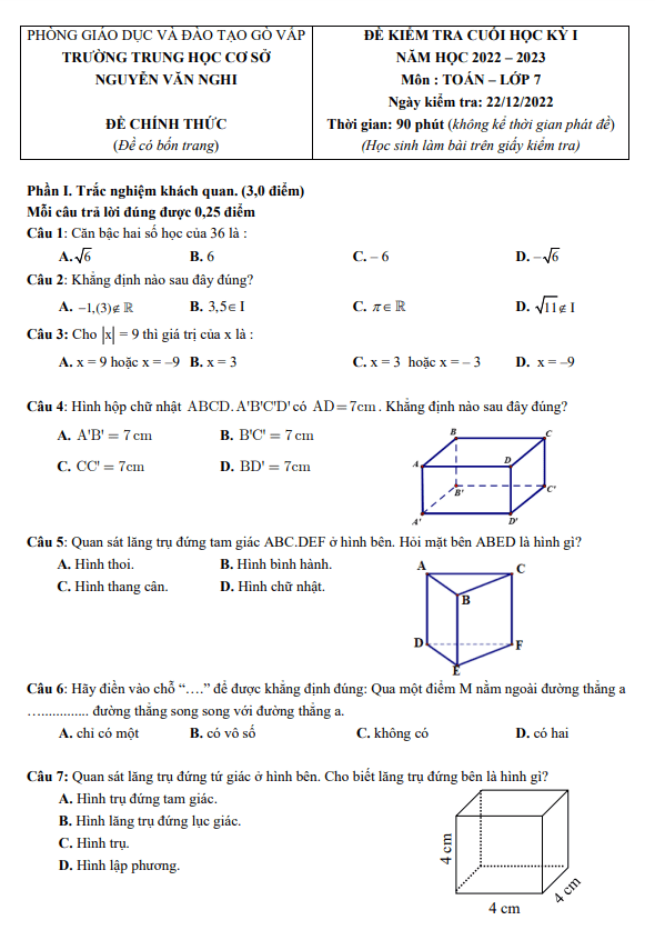 đề cuối học kỳ 1 toán 7 năm 2022 – 2023 trường thcs nguyễn văn nghi – tp hcm