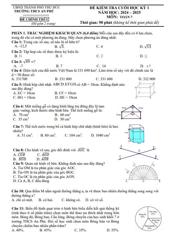 đề cuối học kỳ 1 toán 7 năm 2024 – 2025 trường thcs an phú – tp hcm