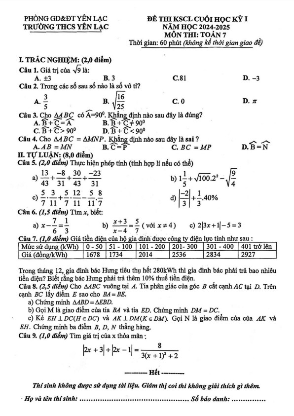 đề cuối học kỳ 1 toán 7 năm 2024 – 2025 trường thcs yên lạc – vĩnh phúc