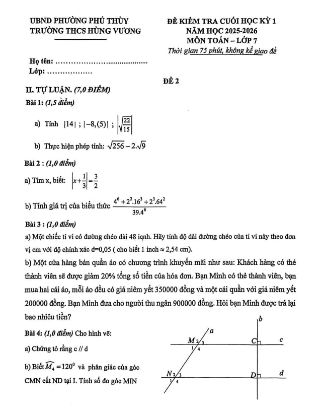 đề cuối học kỳ 1 toán 7 năm 2025 – 2026 trường thcs hùng vương – lâm đồng