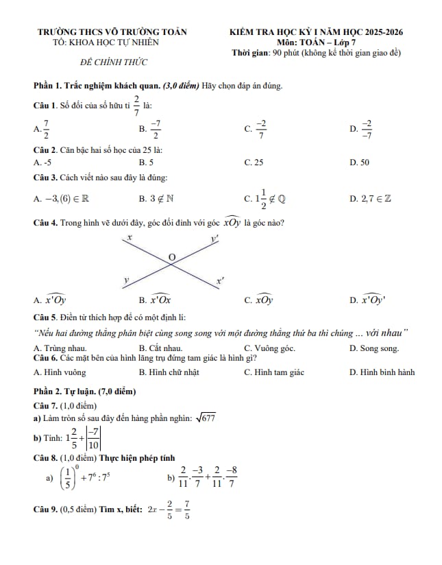 đề cuối học kỳ 1 toán 7 năm 2025 – 2026 trường thcs võ trường toản – tp hcm