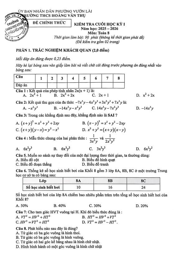 đề cuối học kỳ 1 toán 8 năm 2025 – 2026 trường thcs hoàng văn thụ – tp hcm