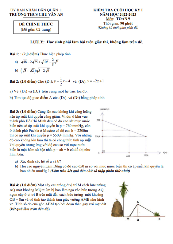đề cuối học kỳ 1 toán 9 năm 2022 – 2023 trường thcs chu văn an – tp hcm