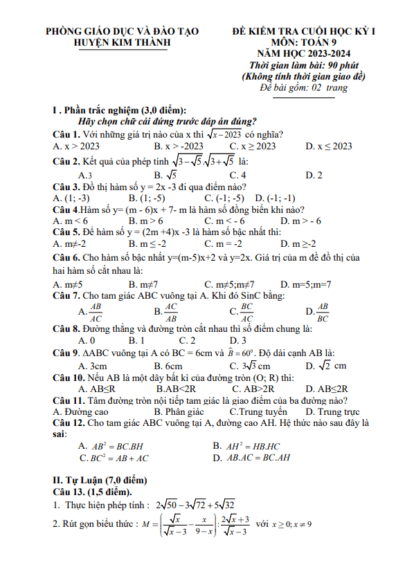 đề cuối học kỳ 1 toán 9 năm 2023 – 2024 phòng gd&đt kim thành – hải dương