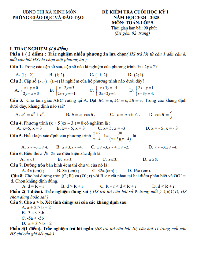 đề cuối học kỳ 1 toán 9 năm 2024 – 2025 phòng gd&đt kinh môn – hải dương