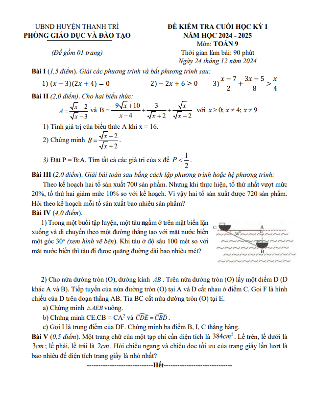 đề cuối học kỳ 1 toán 9 năm 2024 – 2025 phòng gd&đt thanh trì – hà nội