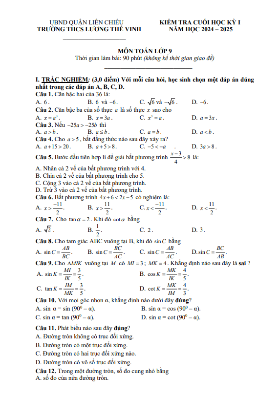 đề cuối học kỳ 1 toán 9 năm 2024 – 2025 trường thcs lương thế vinh – đà nẵng
