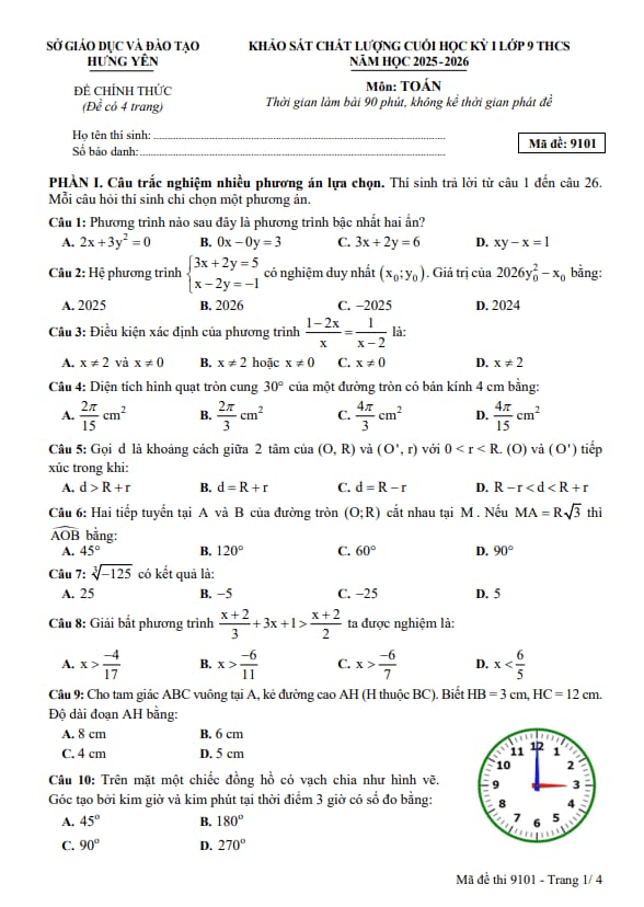 đề cuối học kỳ 1 toán 9 năm 2025 – 2026 sở gd&đt hưng yên