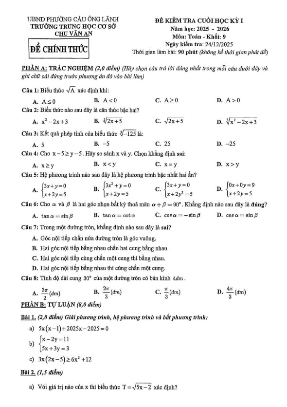 đề cuối học kỳ 1 toán 9 năm 2025 – 2026 trường thcs chu văn an – tp hcm