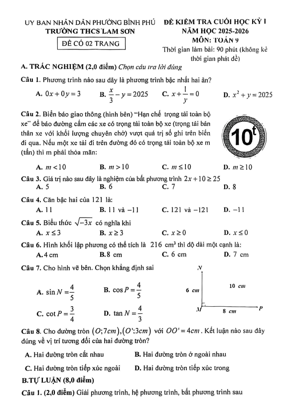 đề cuối học kỳ 1 toán 9 năm 2025 – 2026 trường thcs lam sơn – tp hcm