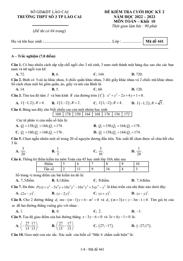 đề cuối học kỳ 2 toán 10 năm 2022 – 2023 trường thpt số 3 tp lào cai