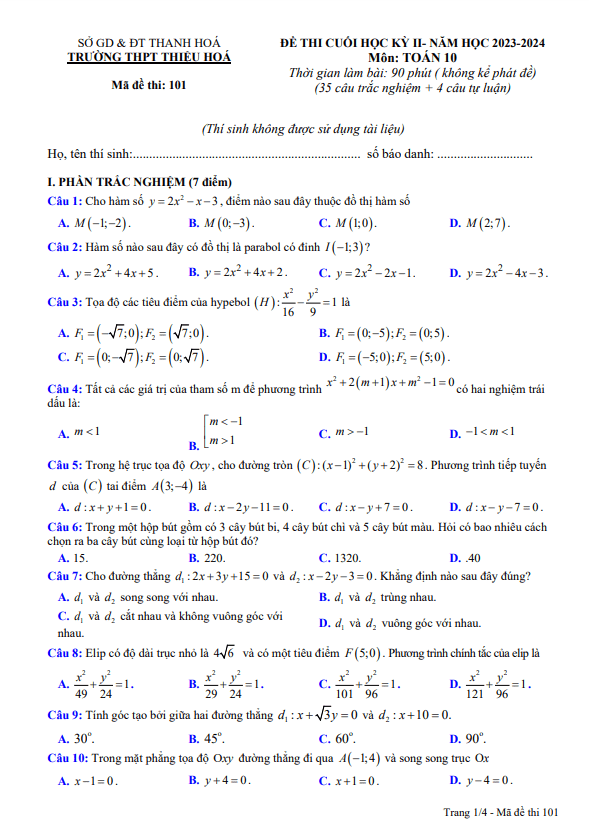 đề cuối học kỳ 2 toán 10 năm 2023 – 2024 trường thpt thiệu hóa – thanh hóa